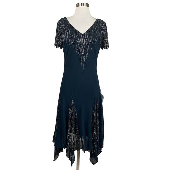 JKara Beaded Chiffon Short Sleeve Fit and Flare Midi Cocktail Dress Blue Size 6 - Picture 1 of 12